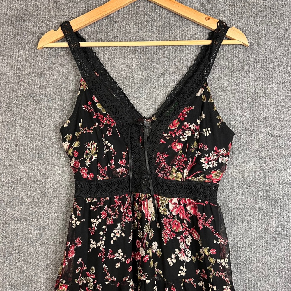 VTG 90s United Colors Of Benetton Silk Floral Midi Dress Small Lace Trim Tiered - Picture 3 of 11
